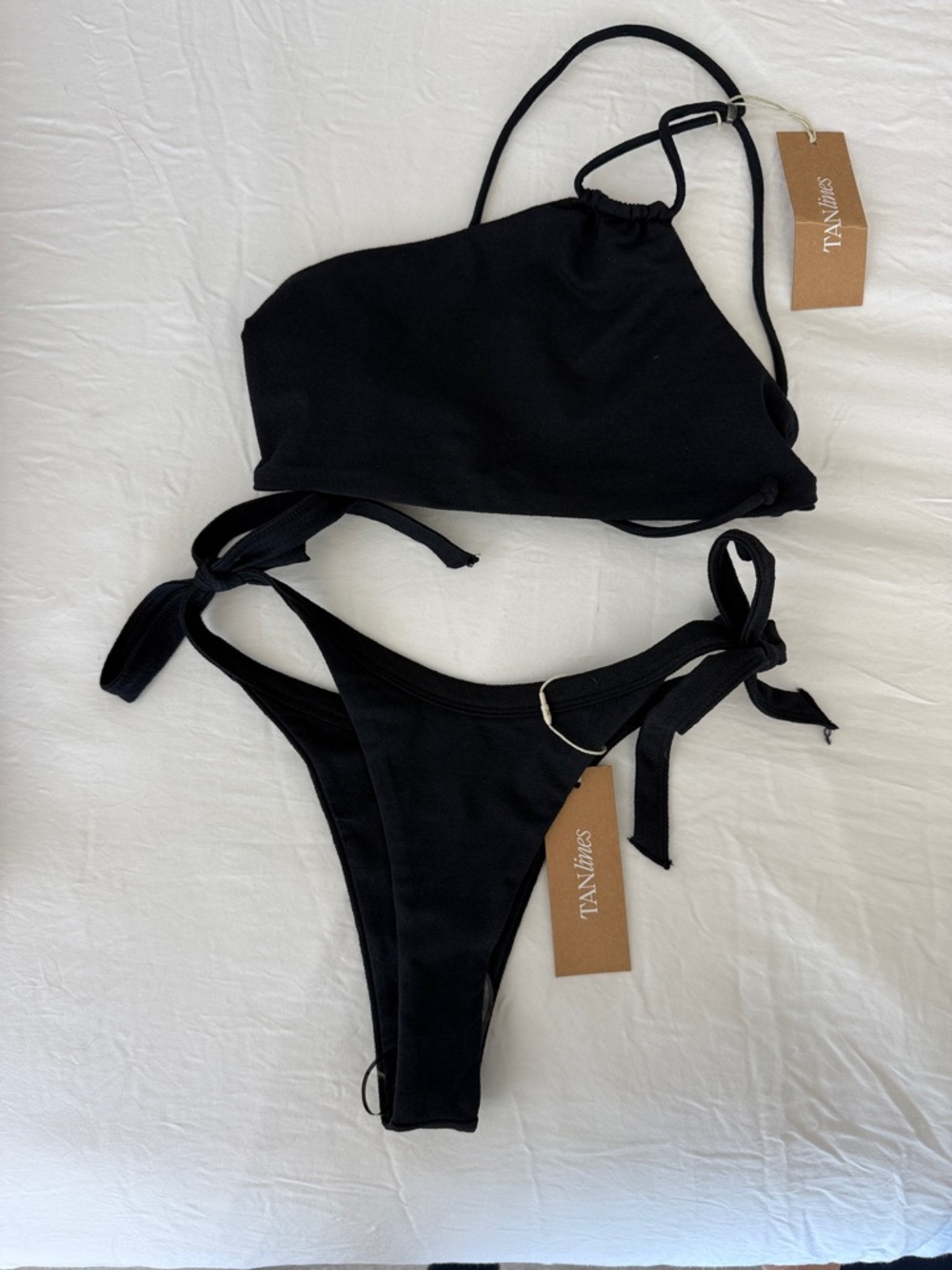 Tan Linda Black Tie-Side Bikini Set
